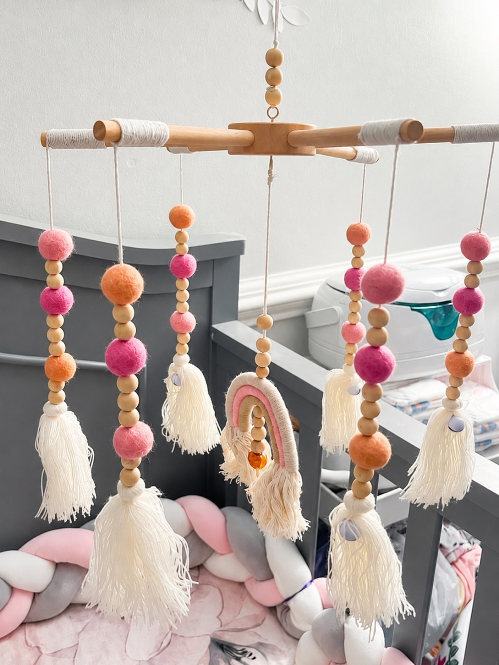 Handmade Felt & Wood Baby Mobile - Pink & Orange